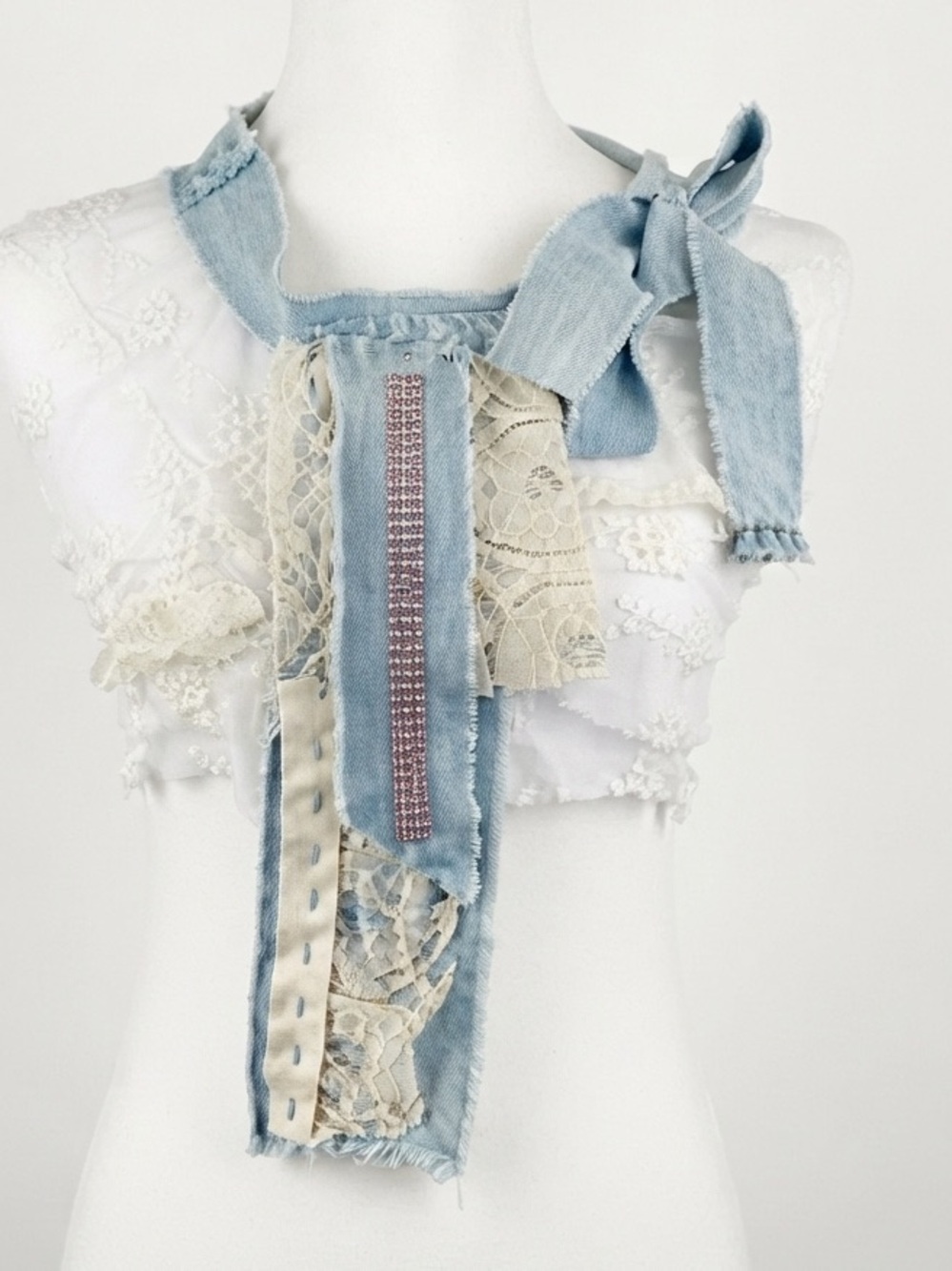 Hand Crafted Necktie Scarf Jabot Upcycled Denim Vintage Lace Artisan OS - Picture 2 of 9